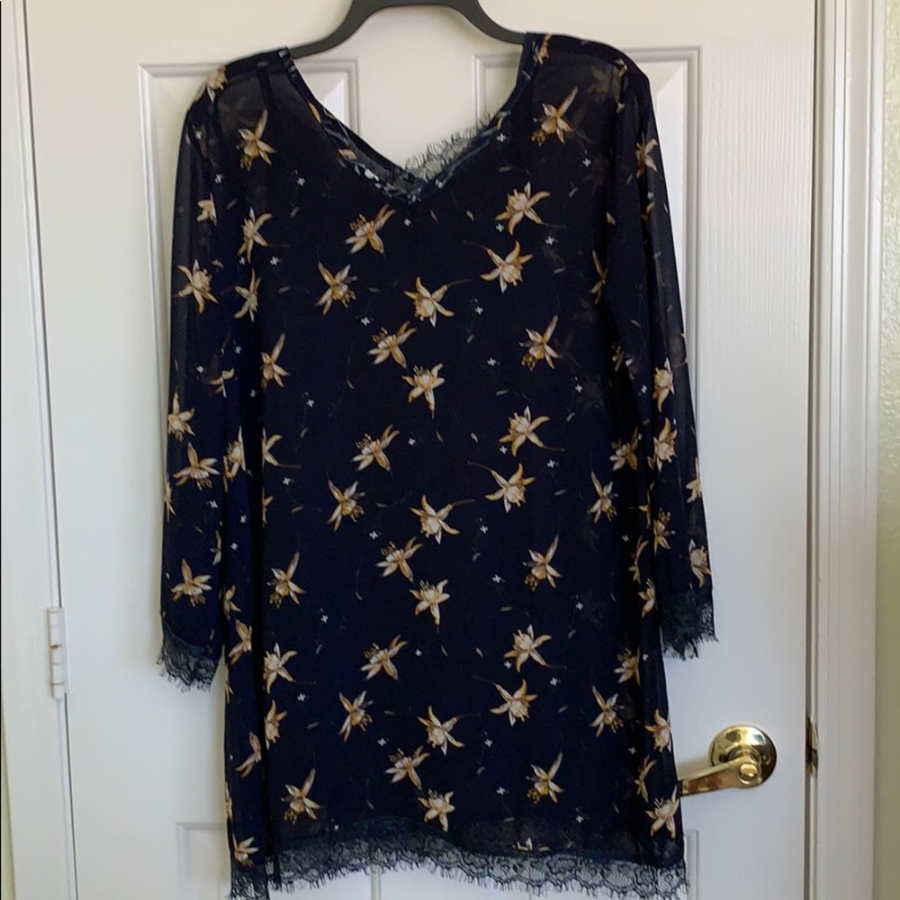 Navy Floral Mini Dress with Lace Trim and Slip